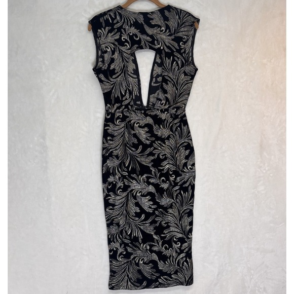Fashion Nova Black Gold Embroidered Bodycon Midi Dress Plunge Neck Size L - Picture 4 of 10